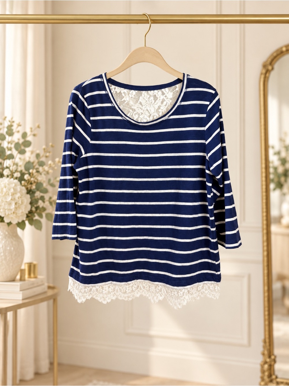 Onque Casual Navy White Striped Lace Back 3/4 Sleeve Top Size M